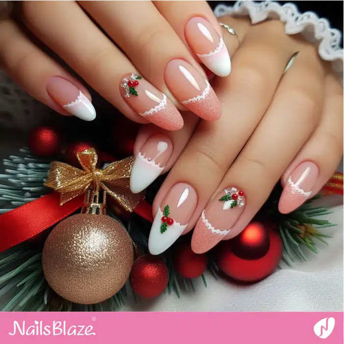 Peach Fuzz and White French Nails with Holly Leaf | Color of the Year 2024 - NB1780